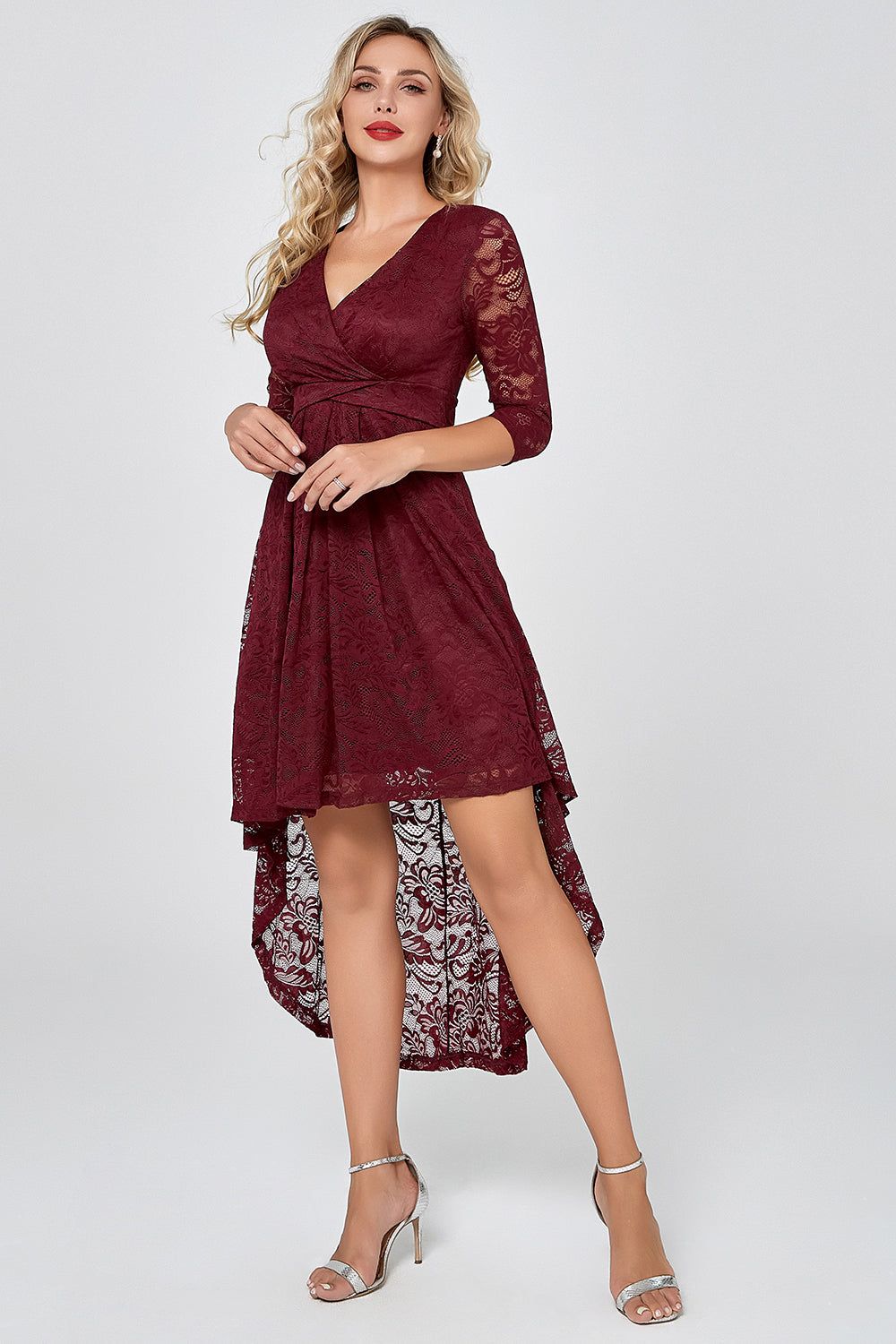 Burgundy High Low Lace Party Dress with Sleeves sold by Zapaka product image thumbnail 5