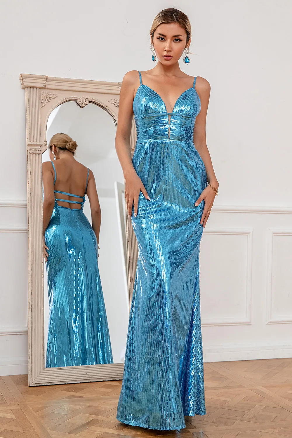Mermaid Spaghetti Straps Blue Sequins Long Prom Dress sold by Zapaka product image thumbnail 4