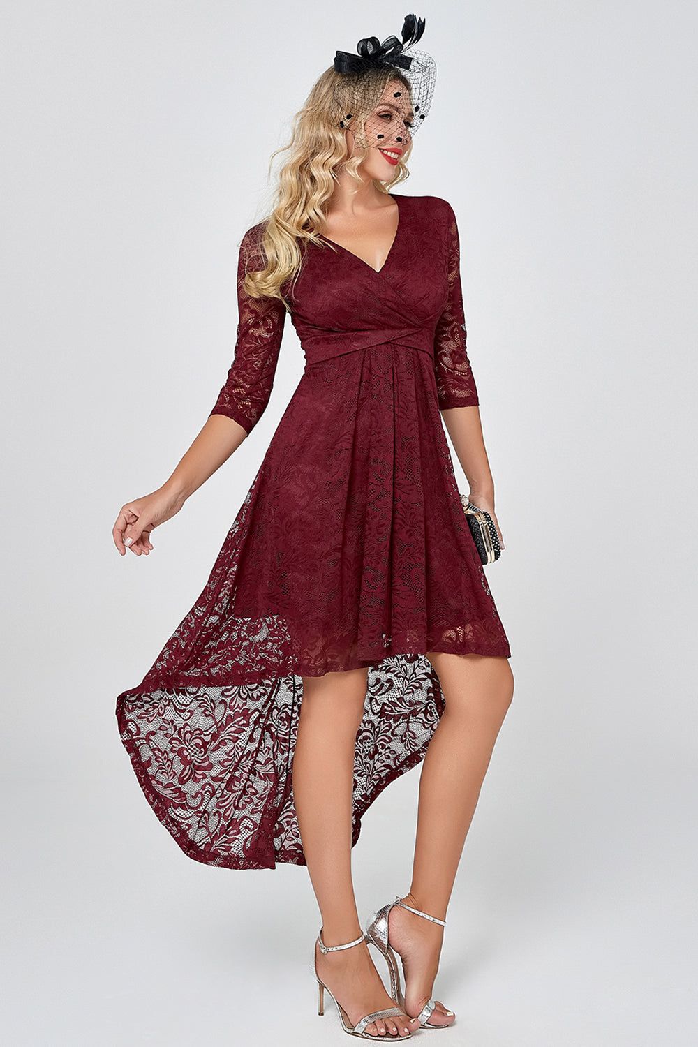 Burgundy High Low Lace Party Dress with Sleeves sold by Zapaka product image thumbnail 4