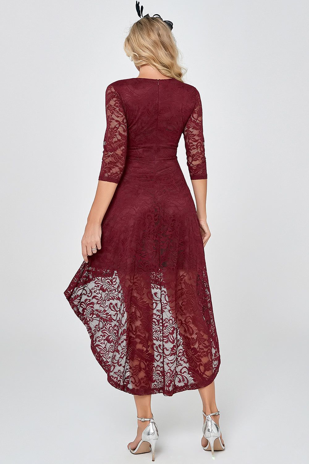 Burgundy High Low Lace Party Dress with Sleeves sold by Zapaka product image thumbnail 2