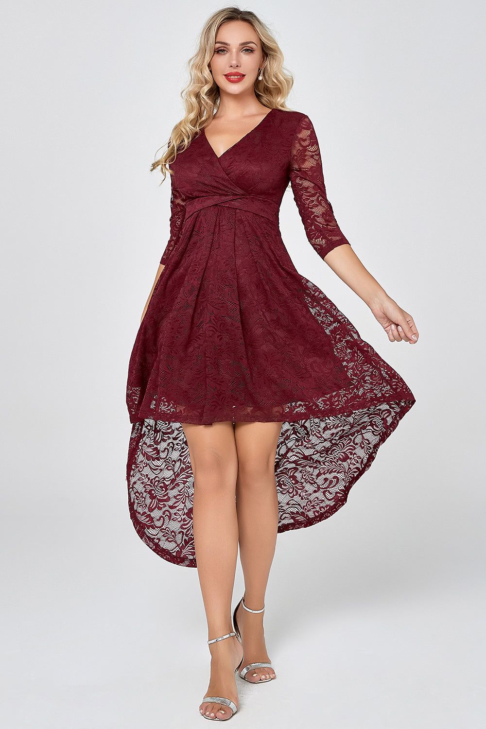 Burgundy High Low Lace Party Dress with Sleeves sold by Zapaka
