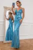 Mermaid Spaghetti Straps Blue Sequins Long Prom Dress sold by Zapaka