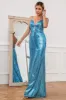 Mermaid Spaghetti Straps Blue Sequins Long Prom Dress sold by Zapaka