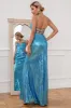 Mermaid Spaghetti Straps Blue Sequins Long Prom Dress sold by Zapaka