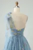 Grey Blue A Line One Shoulder Tulle Short Homecoming Dress with Floral Embroidery sold by Zapaka