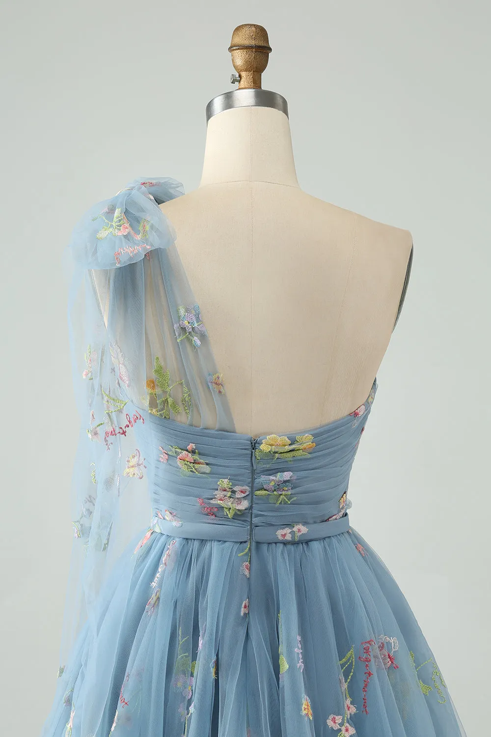 Grey Blue A Line One Shoulder Tulle Short Homecoming Dress with Floral Embroidery sold by Zapaka product image thumbnail 5