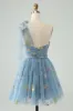 Grey Blue A Line One Shoulder Tulle Short Homecoming Dress with Floral Embroidery sold by Zapaka
