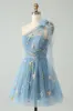Grey Blue A Line One Shoulder Tulle Short Homecoming Dress with Floral Embroidery sold by Zapaka