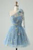Grey Blue A Line One Shoulder Tulle Short Homecoming Dress with Floral Embroidery sold by Zapaka