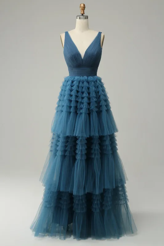 A Line V-Neck Blue Long Prom Dress With Open Back sold by Zapaka