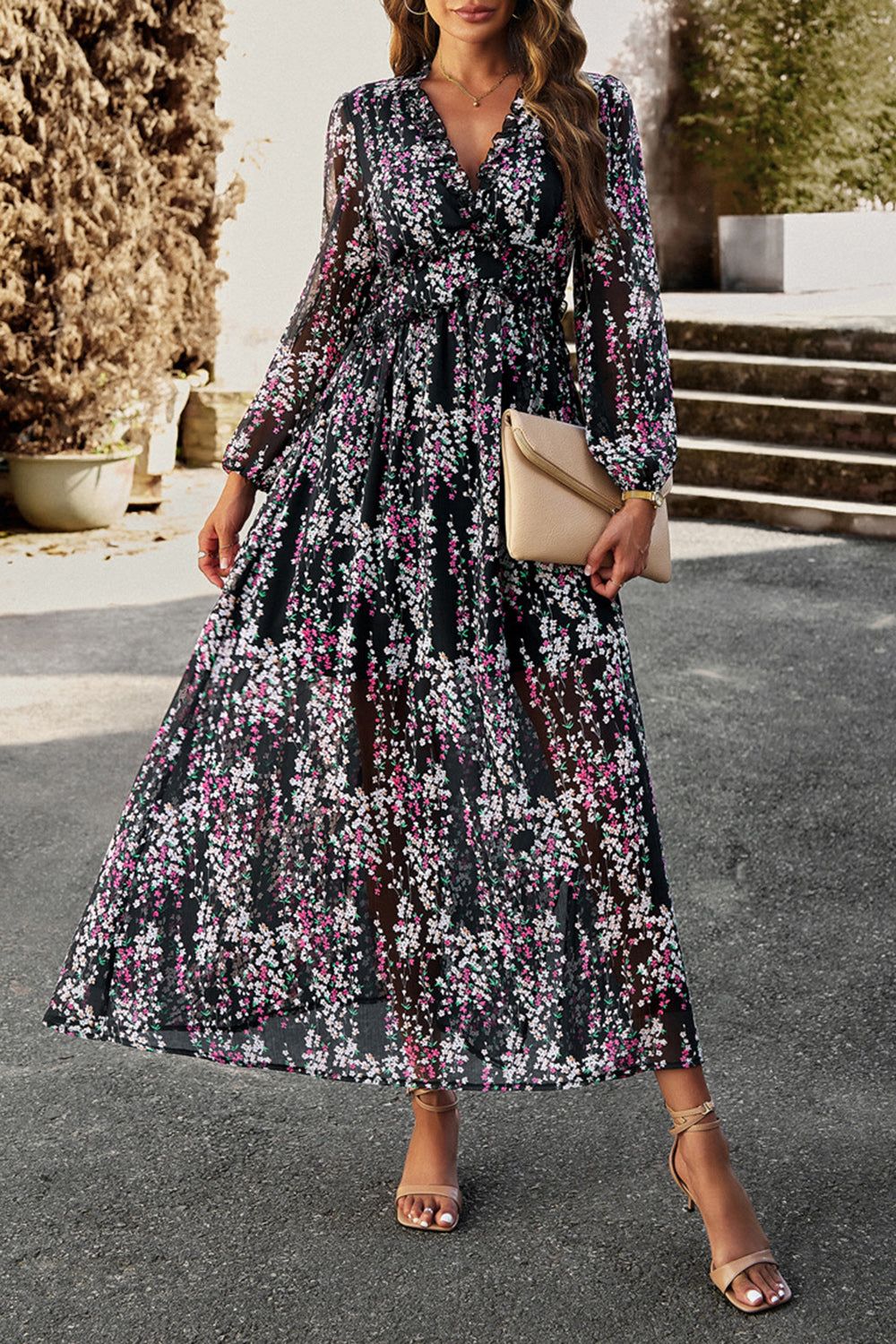 Black Print Long Sleeves Casual Dress with Slit sold by Zapaka product image thumbnail 3