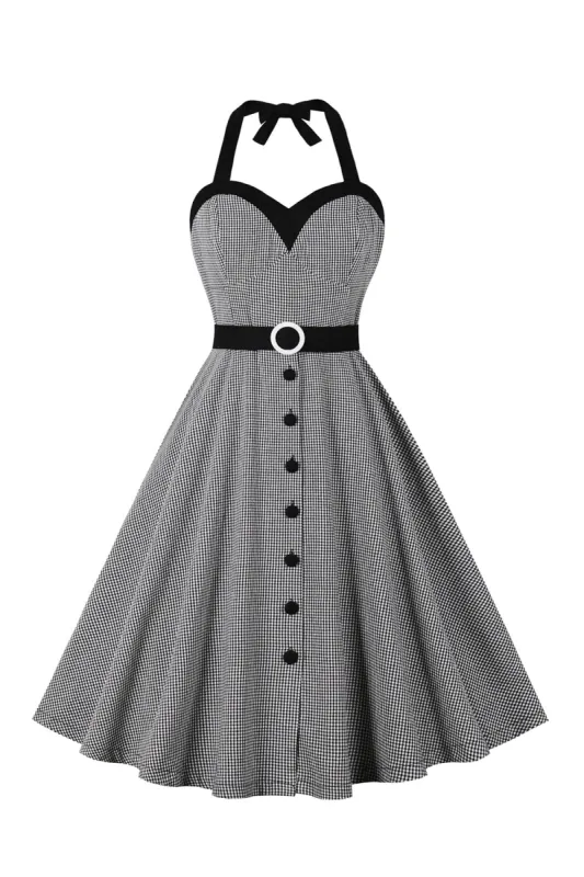 Black Halter Plaid Sleeveless Button 1950s Dress sold by Zapaka