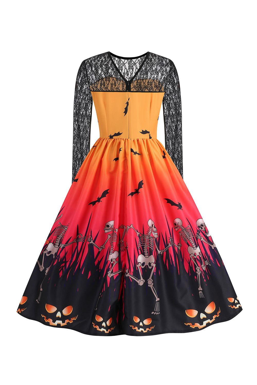 Orange Printed Swing 1950s Dress with Lace Long Sleeves sold by Zapaka product image thumbnail 2