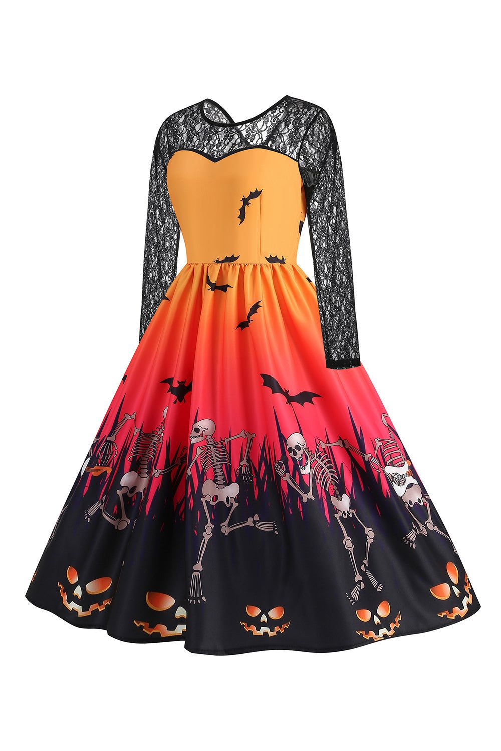 Orange Printed Swing 1950s Dress with Lace Long Sleeves sold by Zapaka product image thumbnail 3