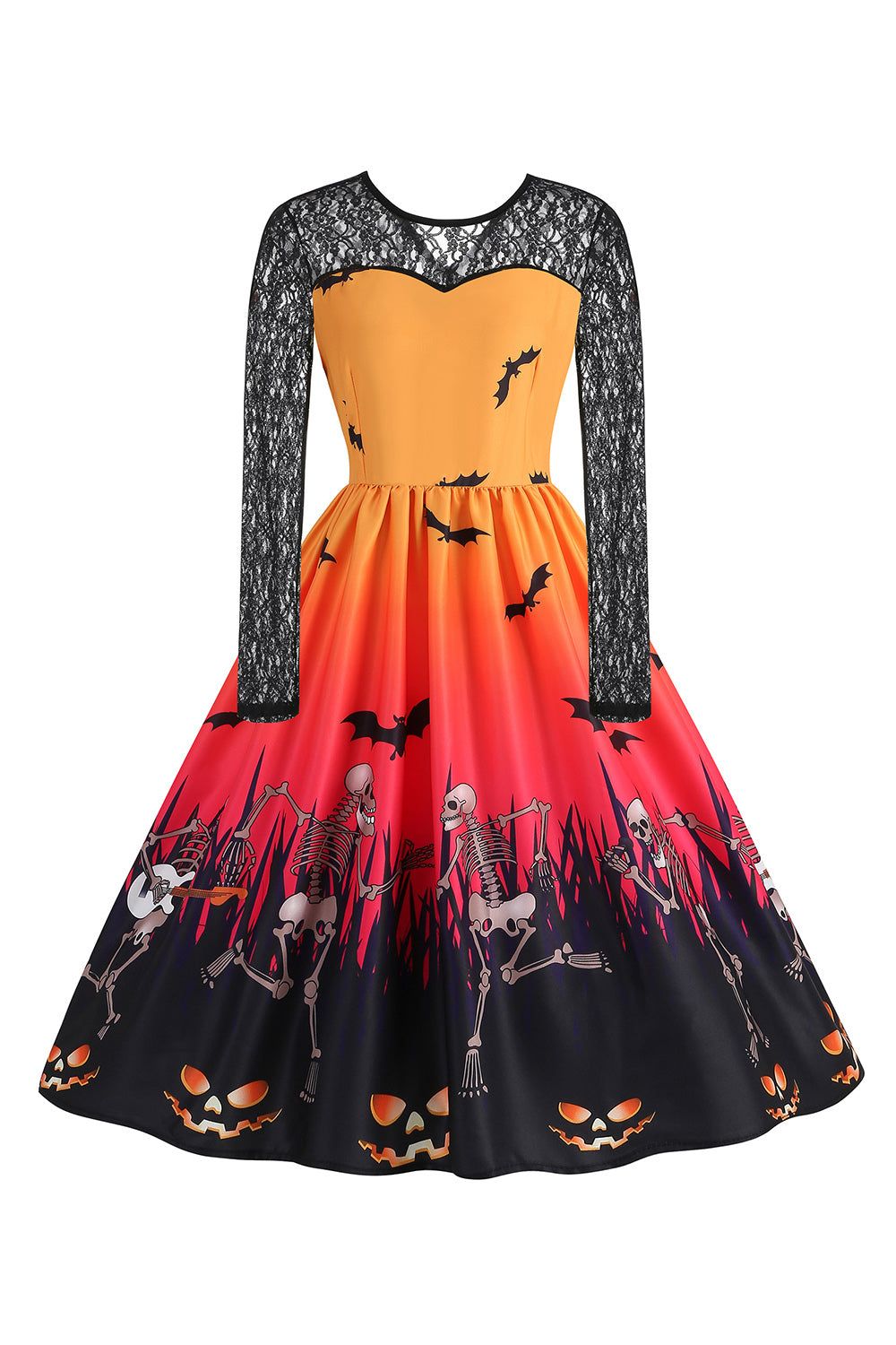 Orange Printed Swing 1950s Dress with Lace Long Sleeves sold by Zapaka