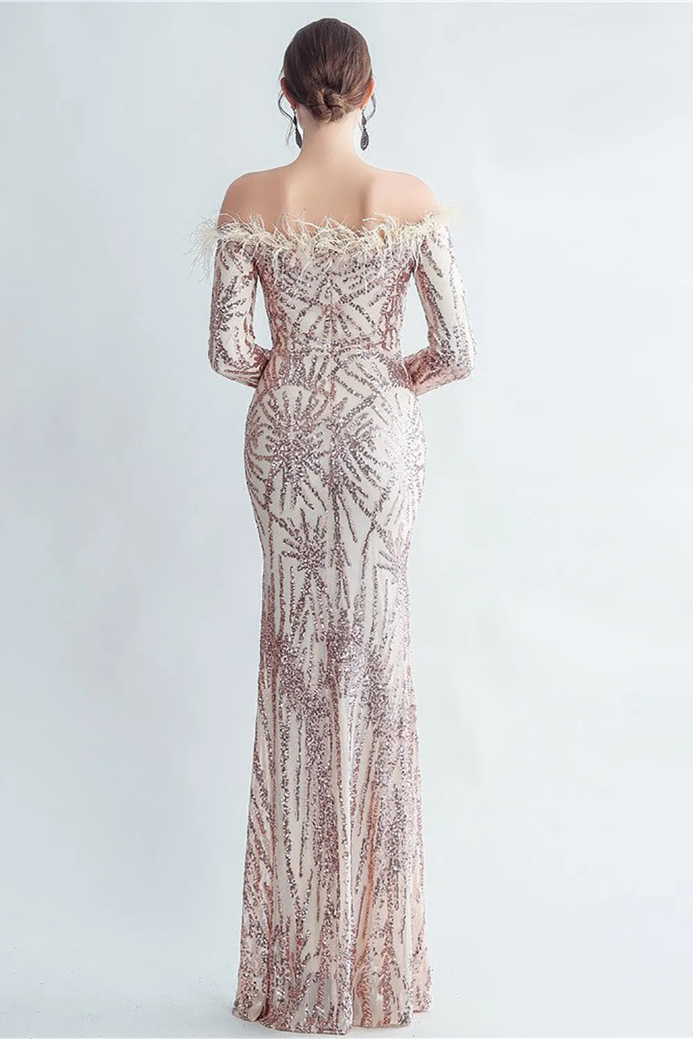 Sparkly Off The Shoulder Sequins Golden Prom Dress with Feathers sold by Zapaka product image thumbnail 2