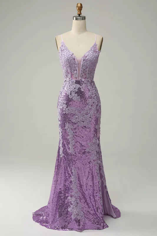 Mermaid Spaghetti Straps Purple Long Prom Dress with Appliques sold by Zapaka