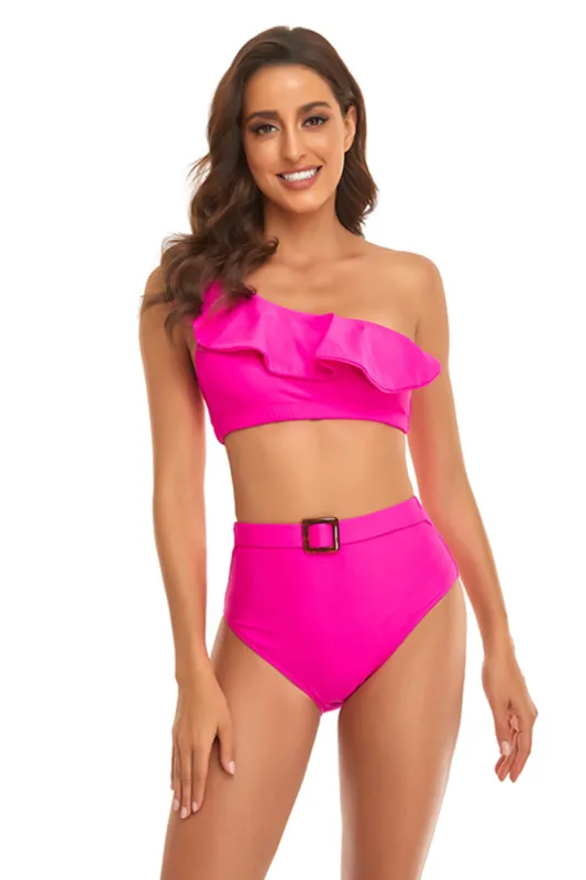 Fuchsia One Shoulder High Waist Two Pieces Swimsuit sold by Zapaka