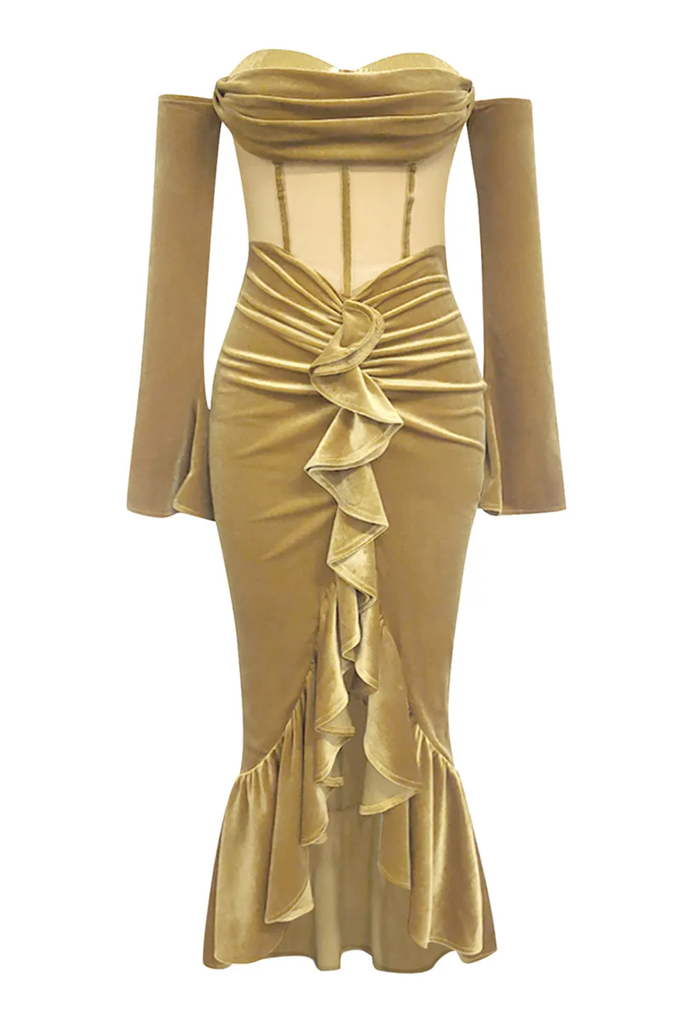 Khaki Bodycon Sweetheart Velvet Corset Ruffled Prom Dress with Long Sleeves sold by Zapaka product image thumbnail 5