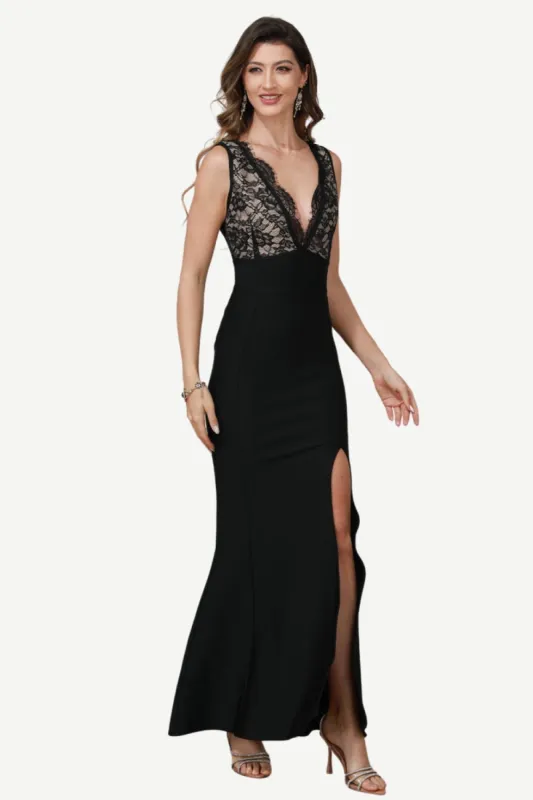 Deep V-Neck Black Formal Dress with Lace sold by Zapaka