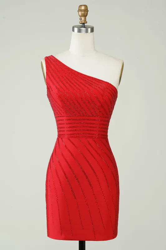 Sparkly One Shoulder Red Short Homecoming Dress with Beading sold by Zapaka