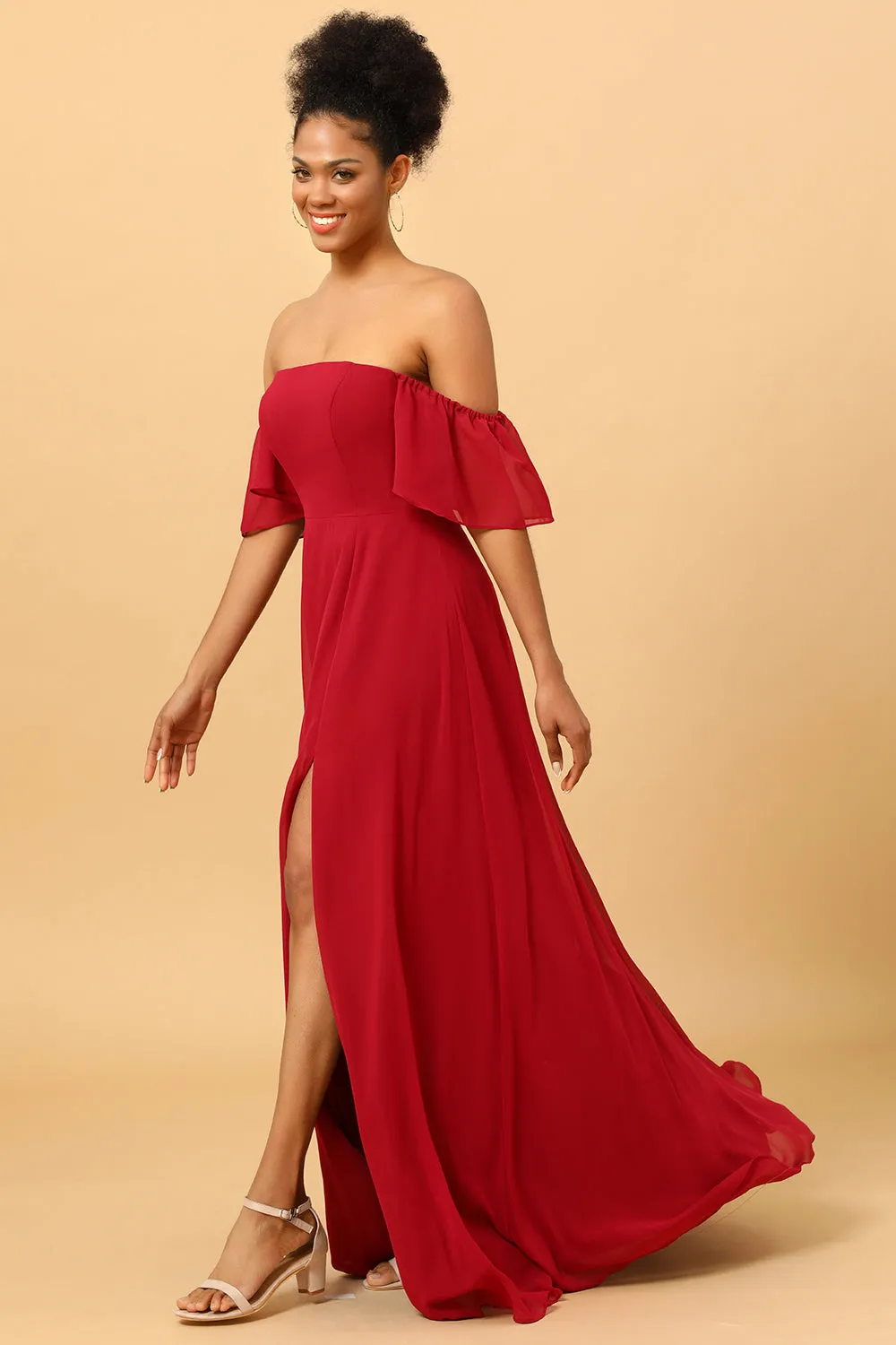 Burgundy Off the Shoulder Chiffon Bridesmaid Dress with Slit sold by Zapaka product image thumbnail 3