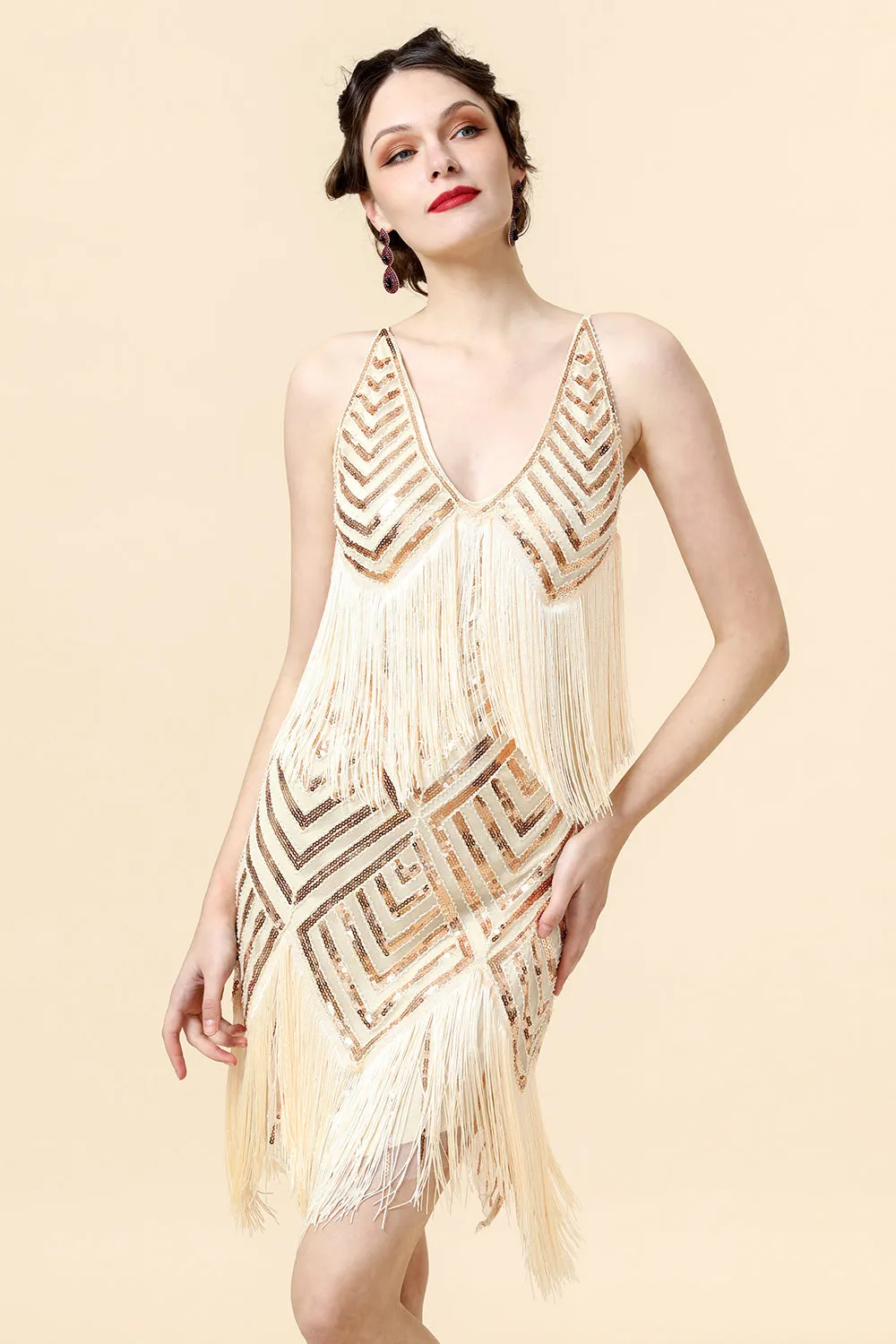 Fringed Champagne Sequins Flapper Dress with 1920s Accessories Set sold by Zapaka product image thumbnail 2