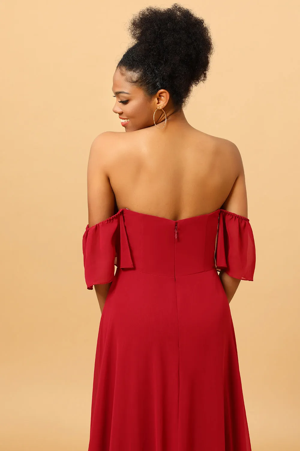 Burgundy Off the Shoulder Chiffon Bridesmaid Dress with Slit sold by Zapaka product image thumbnail 4