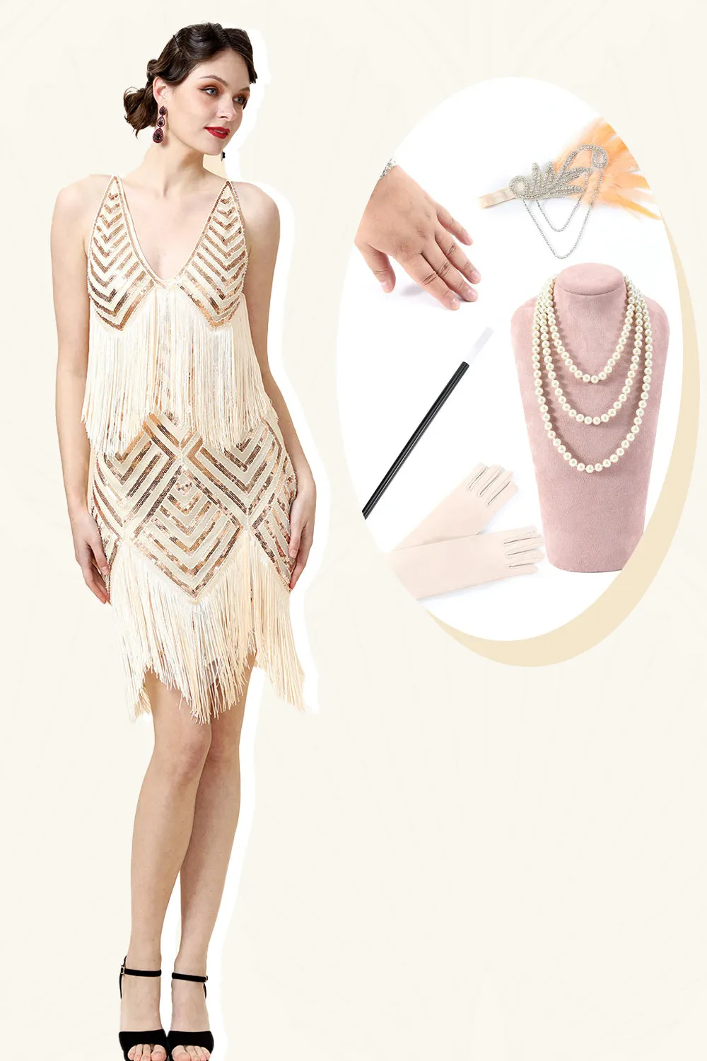 Fringed Champagne Sequins Flapper Dress with 1920s Accessories Set sold by Zapaka