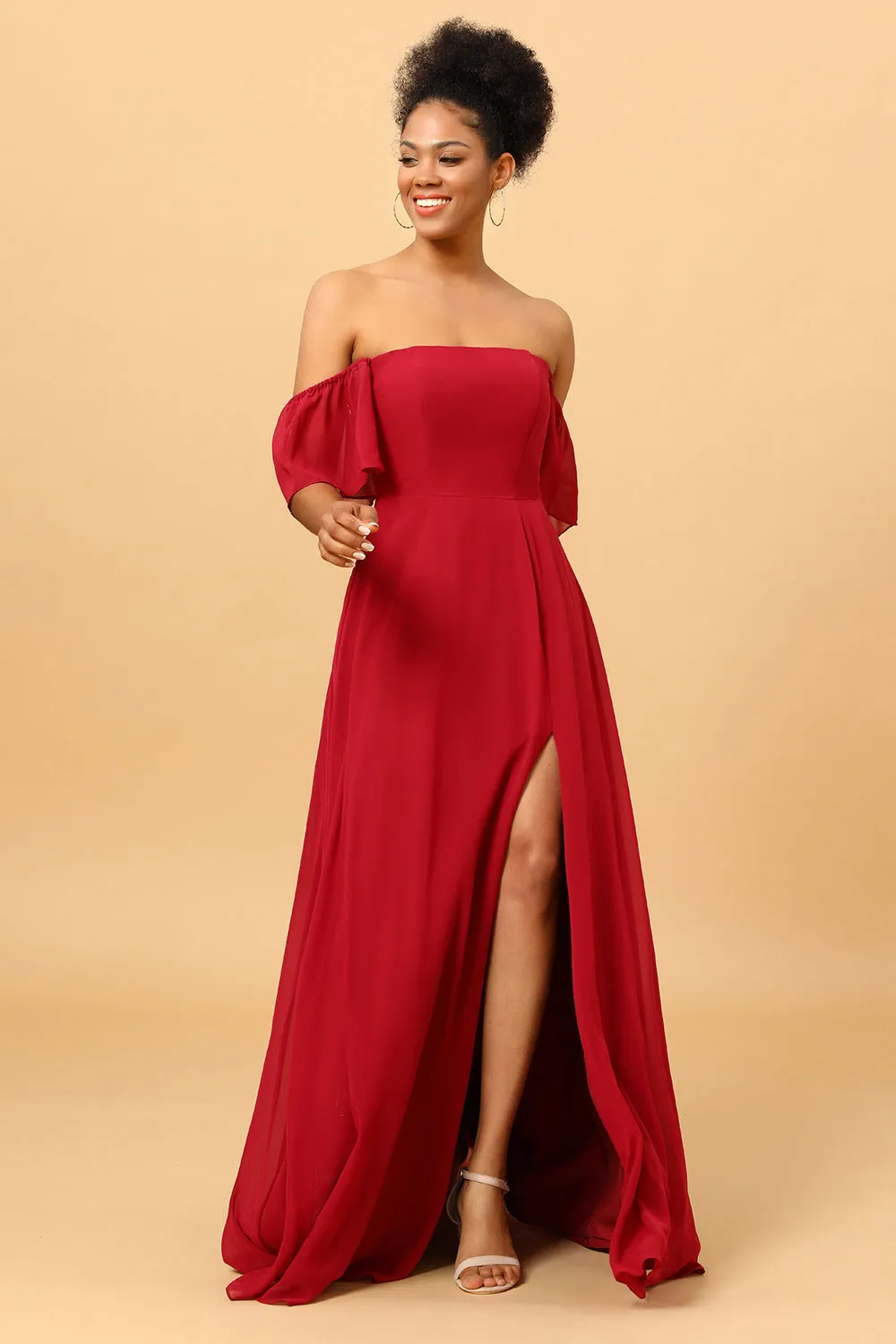 Burgundy Off the Shoulder Chiffon Bridesmaid Dress with Slit sold by Zapaka product image thumbnail 5
