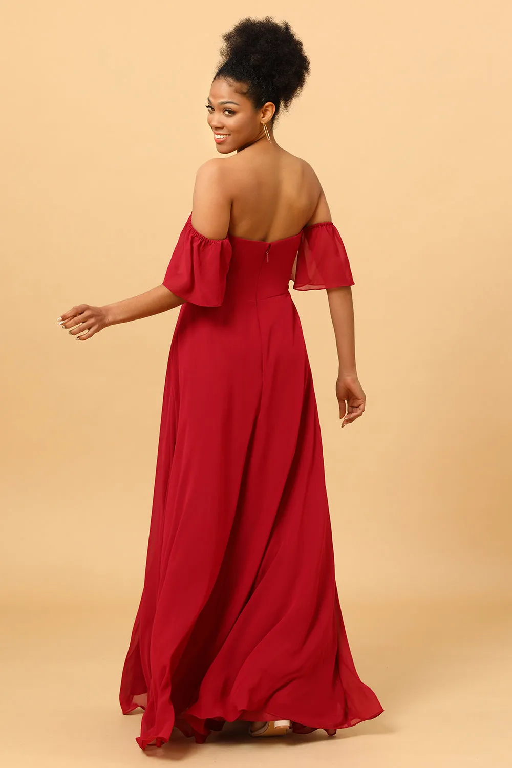 Burgundy Off the Shoulder Chiffon Bridesmaid Dress with Slit sold by Zapaka product image thumbnail 2