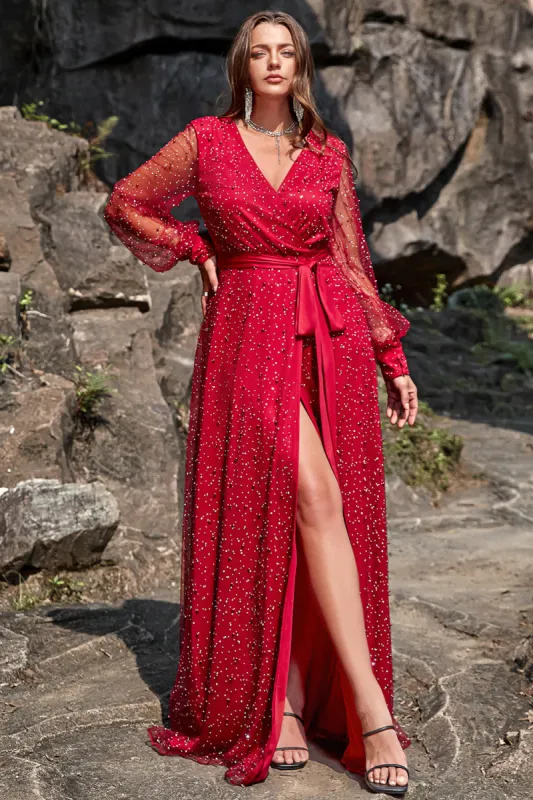 A Line V Neck Dark Red Plus Size Prom Dress with Split Front sold by Zapaka