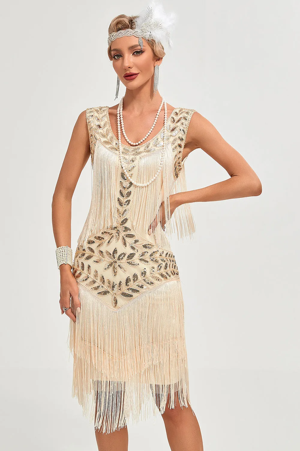 Glitter Champagne Sequins Fringed 1920s Gatsby Dress with Accessories Set sold by Zapaka product image thumbnail 4