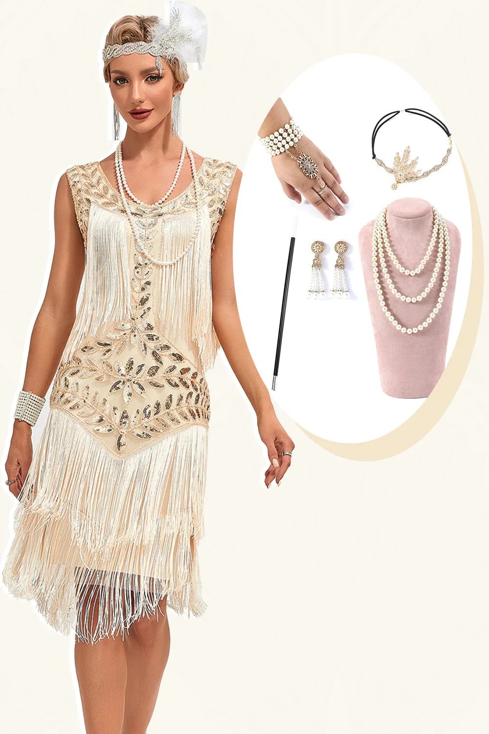 Glitter Champagne Sequins Fringed 1920s Gatsby Dress with Accessories Set sold by Zapaka