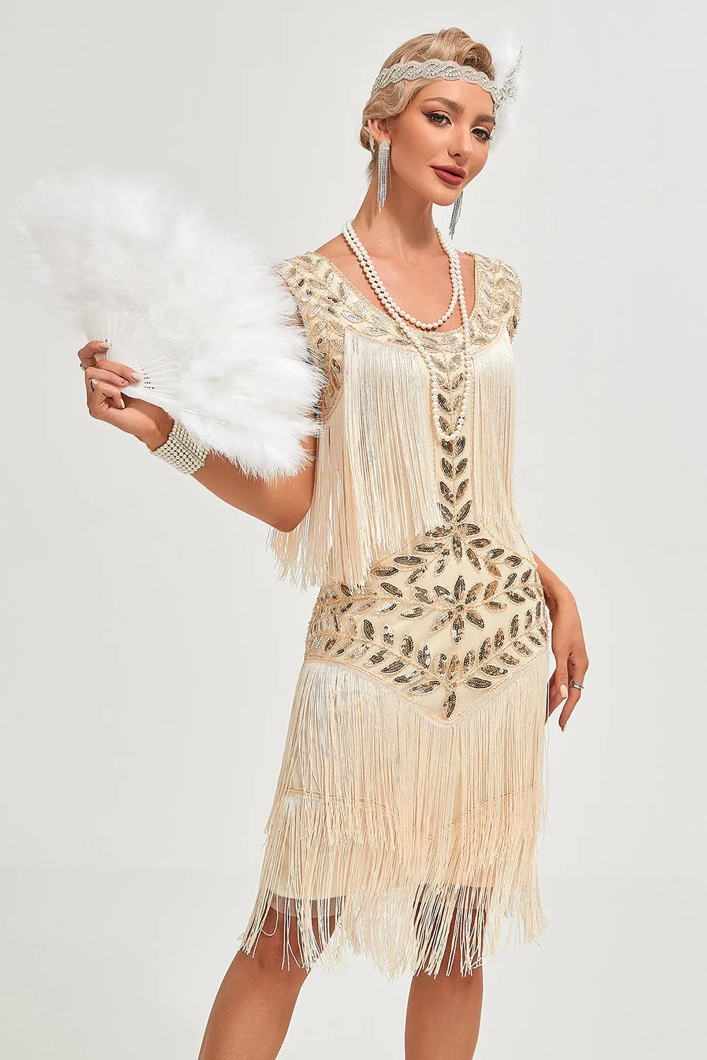 Glitter Champagne Sequins Fringed 1920s Gatsby Dress with Accessories Set sold by Zapaka product image thumbnail 5