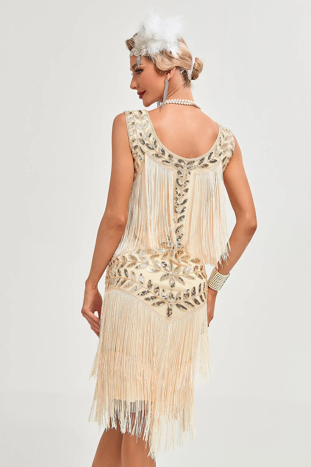 Glitter Champagne Sequins Fringed 1920s Gatsby Dress with Accessories Set sold by Zapaka product image thumbnail 2