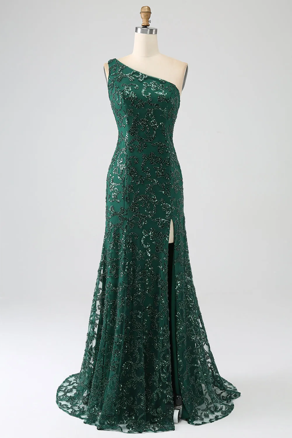 Sparkly Dark Green Beaded Long Mermaid Lace Prom Dress with Slit sold by Zapaka