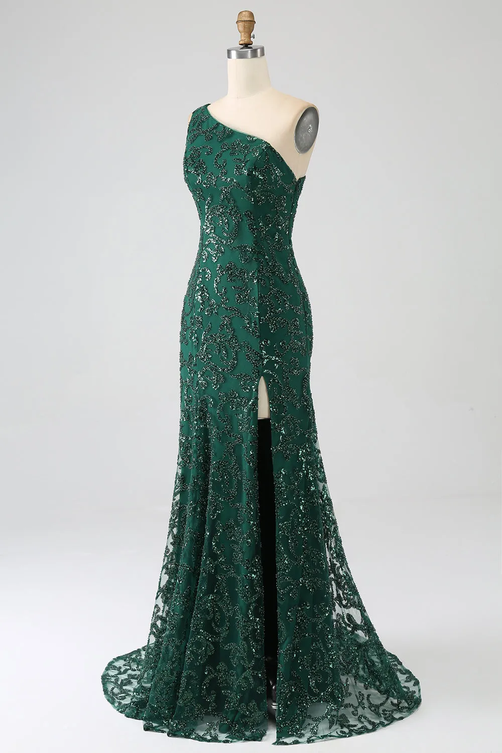 Sparkly Dark Green Beaded Long Mermaid Lace Prom Dress with Slit sold by Zapaka product image thumbnail 3