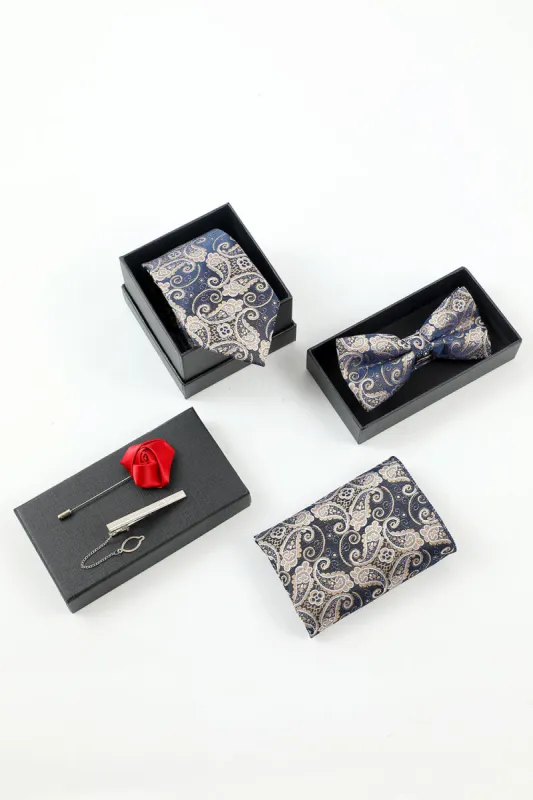 Navy Men's Jacquard 5-Piece Accessory Set Tie and Bow Tie Pocket Square Flower Lapel Pin Tie Clip sold by Zapaka