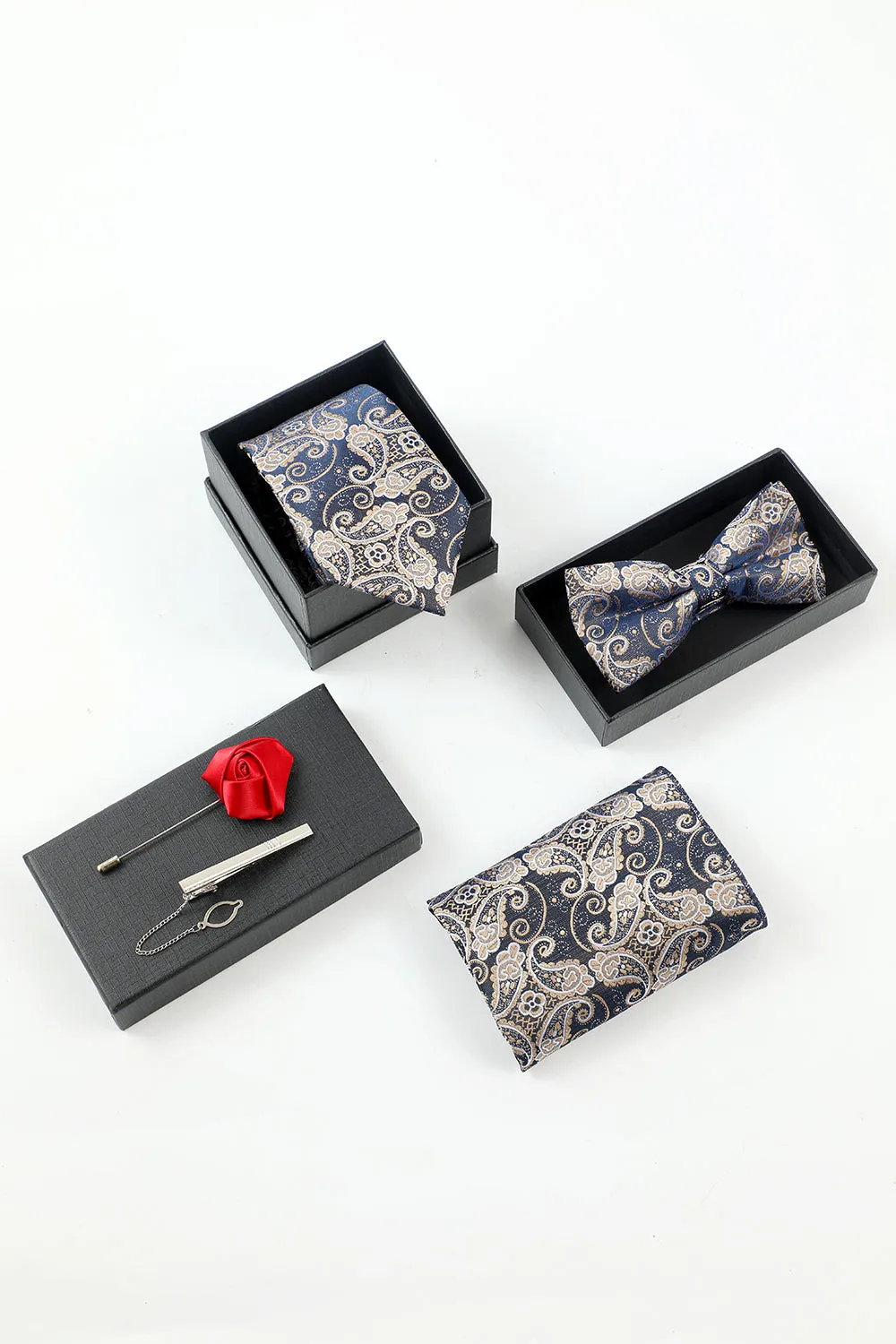 Navy Men's Jacquard 5-Piece Accessory Set Tie and Bow Tie Pocket Square Flower Lapel Pin Tie Clip sold by Zapaka