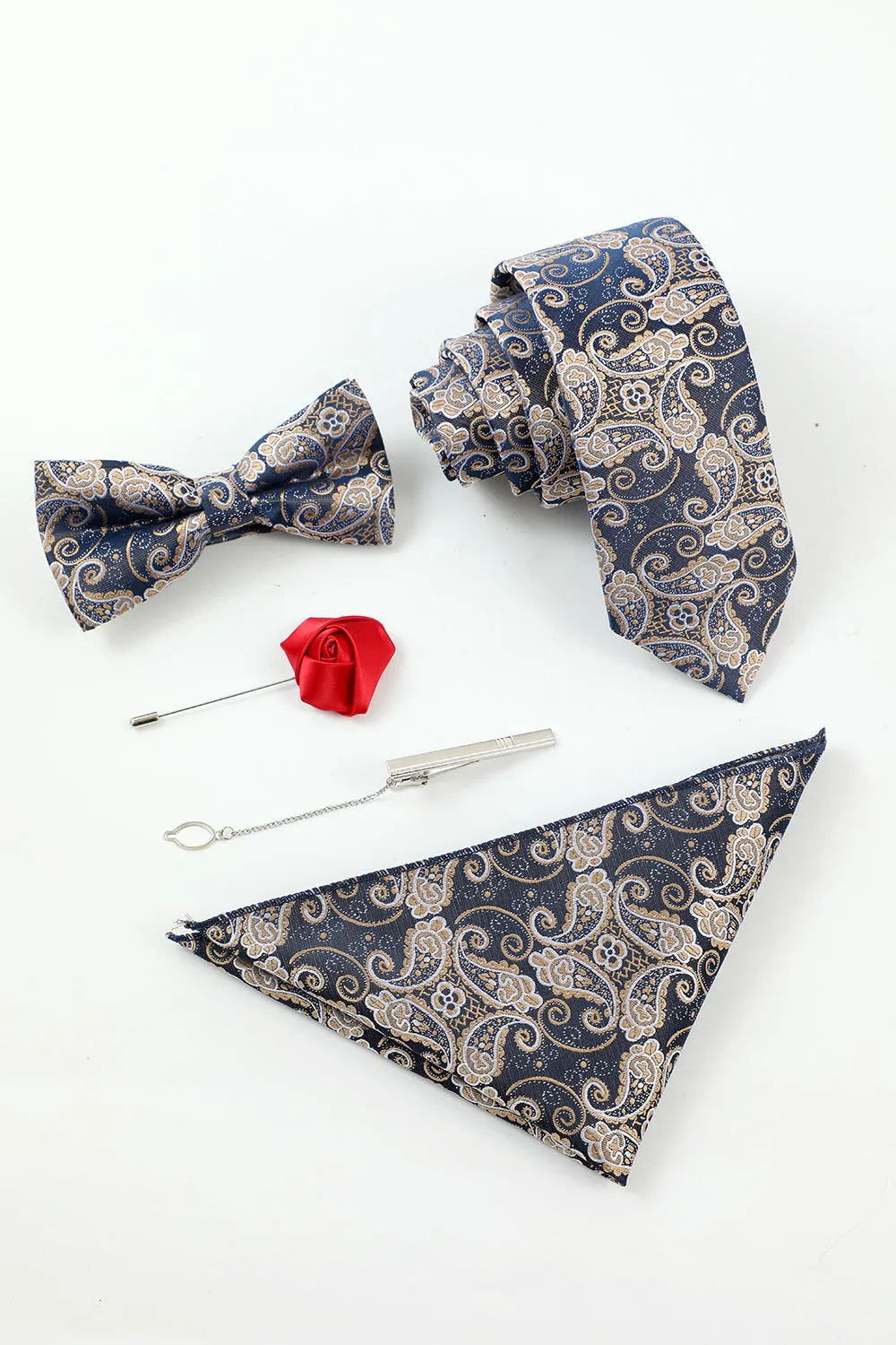 Navy Men's Jacquard 5-Piece Accessory Set Tie and Bow Tie Pocket Square Flower Lapel Pin Tie Clip sold by Zapaka product image thumbnail 2
