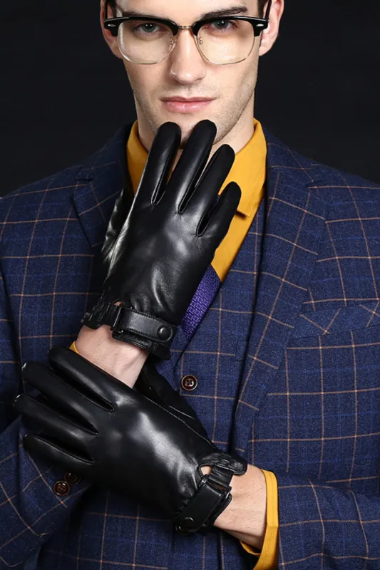 Black Leather Buckled Winter Gloves For Men made by Zapaka