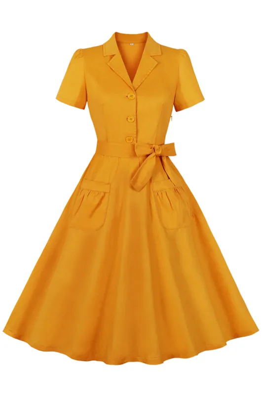 Yellow Ruffled Notched Lapel Belted Bows 1950s Dress with Pockets sold by Zapaka