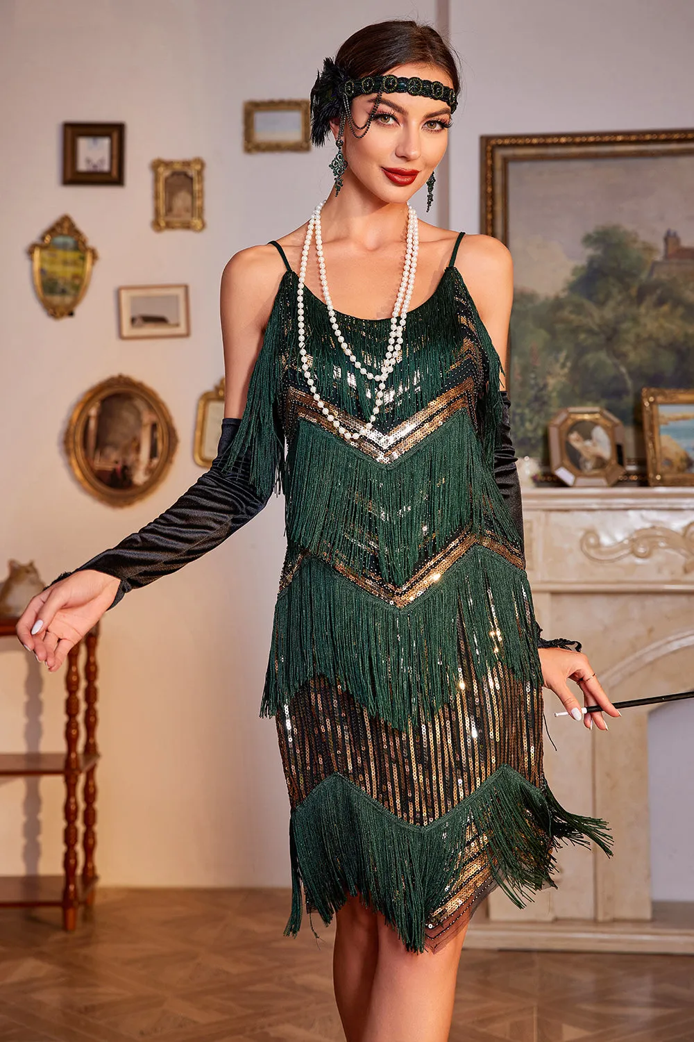 Spaghetti Straps Dark Green Glitter 1920s Flapper Dress with Fringes sold by Zapaka