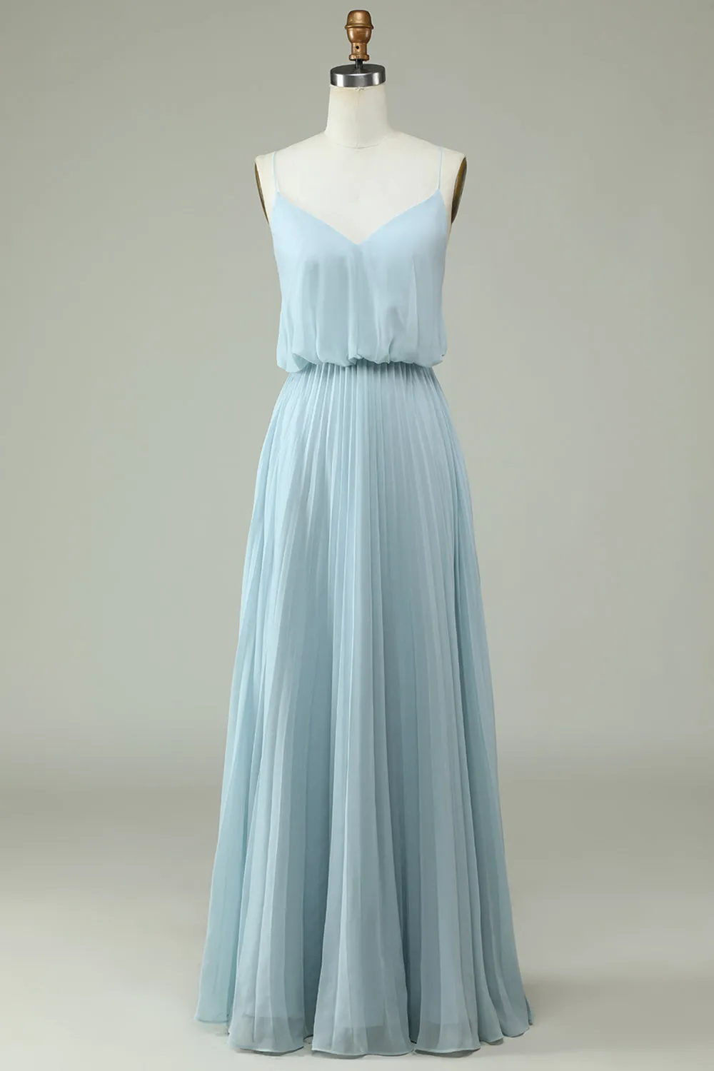 Chiffon Spaghetti Straps Sky Blue Long Bridesmaid Dress sold by Zapaka