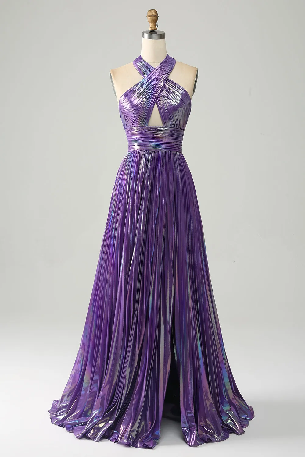 Sparkly Purple Halter A Line Prom Dress with Pleated sold by Zapaka