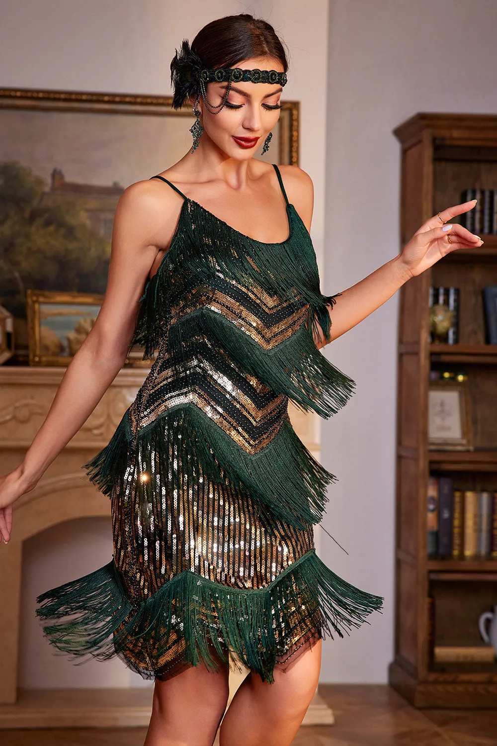 Spaghetti Straps Dark Green Glitter 1920s Flapper Dress with Fringes sold by Zapaka product image thumbnail 3