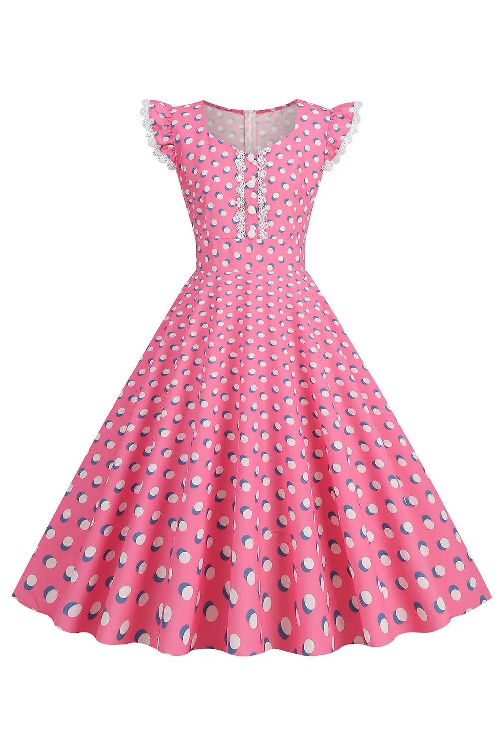 A Line Pink Polka Dots Flutter Sleeves Vintage Dress sold by Zapaka