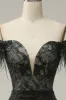 Mermaid Off the Shoulder Black Long Prom Dress with Feather sold by Zapaka
