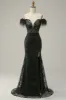 Mermaid Off the Shoulder Black Long Prom Dress with Feather sold by Zapaka